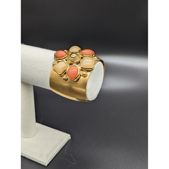 TTahari Chunky Cuff Bracelet Jewelry Gold Tone Peach, White Cabochon Faux Gems - Picture 9 of 9